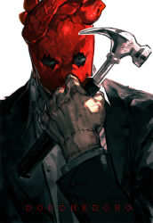 Rule 34 | 1boy, copyright name, dorohedoro, formal, hammer, holding, holding weapon, looking at viewer, male focus, mask, necktie, shin (dorohedoro), shishio (shishio5431), solo, stitches, weapon