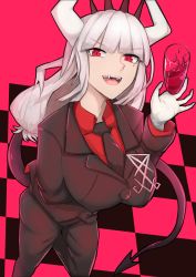 Rule 34 | 1girl, black suit, black tail, breasts, business suit, cup, demon horns, drinking glass, formal, from above, helltaker, highres, horns, large breasts, long hair, looking at viewer, lucifer (helltaker), mole, mole under eye, necktie, pant suit, pants, red eyes, red shirt, satou rin (gobugabuge), sharp teeth, shirt, silver hair, smile, solo, standing, suit, teeth, tongue, white horns, wine glass