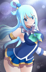 1girl absurdres aqua_(konosuba) blue_eyes blue_hair breasts detached_sleeves dmayaichi dress elbow_gloves gloves hair_ornament hair_rings highres kono_subarashii_sekai_ni_shukufuku_wo! large_breasts simple_background skirt sparkling_eyes star_(symbol) star_symbol_background