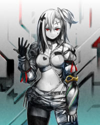 Rule 34 | 1girl, breasts, chain, female focus, gloves, highres, jacket, kodama yuuki, long hair, midriff, navel, original, partially colored, red eyes, solo, tattoo