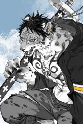 Rule 34 | 1boy, animalization, black coat, black hair, blue eyes, chest tattoo, coat, earrings, groin, highres, holding, holding sword, holding weapon, jewelry, male focus, multiple earrings, muscular, muscular male, navel, one piece, open clothes, open mouth, outdoors, sharp teeth, short hair, snow leopard boy, sword, tattoo, teeth, trafalgar law, weapon, winter, xuchuan
