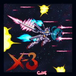 Rule 34 | cecihoney, character name, commentary, crossbone gundam, crossbone gundam x-3, energy sword, english commentary, explosion, flying, glowing, glowing eyes, green eyes, gundam, holding, holding sword, holding weapon, laser, mecha, open mouth, pirate, pixel art, robot, space, star (sky), sword, v-fin, weapon