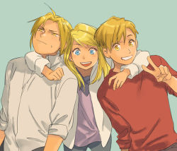 Rule 34 | 1girl, 2boys, :d, alphonse elric, blonde hair, blue background, blue eyes, brothers, clenched hand, commentary, earrings, edward elric, english commentary, fingernails, frown, fullmetal alchemist, happy, hug, hug from behind, jacket, jewelry, long hair, long sleeves, looking at viewer, looking away, loveariddle, multiple boys, open mouth, ponytail, purple shirt, red shirt, shirt, short hair, siblings, simple background, smile, standing, sweatdrop, upper body, v, white jacket, white shirt, winry rockbell, yellow eyes