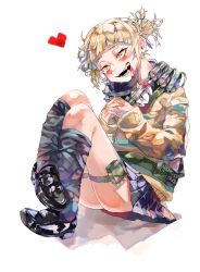 Rule 34 | 10s, 1girl, bags under eyes, belt, blonde hair, blood, bloody knife, bloody weapon, blunt bangs, boku no hero academia, cardigan, fangs, heart, highres, knife, loafers, messy hair, open mouth, school uniform, serafuku, shoes, skirt, solo, tagme, thigh strap, toga himiko, utility belt, weapon, yellow eyes