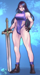 Rule 34 | 1girl, black hair, blue eyes, blue one-piece swimsuit, clothing cutout, gloves, hand on own hip, highres, one-piece swimsuit, original, shimaguni yamato, side cutout, swimsuit, sword, weapon
