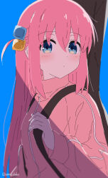 Rule 34 | 1girl, ama (ama ekaku), artist name, backpack, bag, blue background, blue eyes, blush, bocchi the rock!, commentary request, cube hair ornament, gotoh hitori, guitar case, hair ornament, highres, instrument case, jacket, long hair, looking at viewer, pink hair, pink jacket, simple background, solo, track jacket, upper body