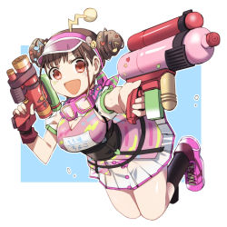 Rule 34 | 1girl, :d, antennae, breasts, brown hair, double bun, fingerless gloves, gloves, goggles, goggles around neck, gun, hair ornament, heart, heart hair ornament, holding, holding gun, holding water gun, holding weapon, idolmaster, idolmaster shiny colors, medium breasts, musical note, open mouth, red eyes, shoes, short twintails, single glove, skirt, smile, socks, solo, sonoda chiyoko, super soaker, toy gun, twintails, visor cap, water gun, weapon, wm (chawoo1357)