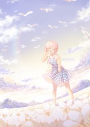 Rule 34 | 1girl, :d, ^ ^, adjusting eyewear, ahoge, artist name, bare legs, between legs, bird, blurry, blush, breasts, casual, checkered clothes, checkered dress, closed eyes, cloud, collarbone, commentary, depth of field, dress, facing viewer, fate/grand order, fate (series), field, flower, flower field, glasses, gradient sky, hand between legs, highres, jacket, leaning forward, legs apart, lens flare, mash kyrielight, mash kyrielight (senpai killer outfit), medium breasts, official alternate costume, open clothes, open jacket, open mouth, outdoors, pink hair, pixiv id, rimuu, round teeth, semi-rimless eyewear, short hair, short sleeves, sky, smile, solo, standing, sunlight, swept bangs, teeth, under-rim eyewear, watermark, web address, wind, yellow jacket