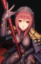 Rule 34 | 1girl, armor, bodysuit, breasts, checkered floor, covered navel, fate/grand order, fate (series), gae bolg (fate), highres, holding, holding weapon, large breasts, long hair, looking at viewer, open mouth, pauldrons, polearm, purple bodysuit, purple hair, red eyes, scathach (fate), shoron, shoulder armor, sitting, spear, veil, wariza, weapon