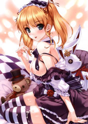 Rule 34 | 1girl, :p, absurdres, arm support, blonde hair, blue eyes, breasts, comic aun, condom, cum, cum on body, cum on breasts, cum on lower body, cum on upper body, detached collar, fingernails, gothic lolita, hairband, highres, large breasts, lolita fashion, lolita hairband, looking at viewer, misaki kurehito, mole, mole under eye, nipples, original, sitting, solo, strap slip, striped clothes, striped thighhighs, stuffed animal, stuffed rabbit, stuffed toy, teddy bear, thighhighs, tongue, tongue out, top pull, twintails, used condom, yokozuwari