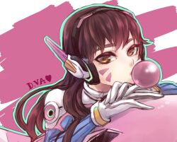 Rule 34 | 1girl, animification, armor, bodysuit, brown eyes, brown hair, blowing bubbles, character name, chewing gum, commentary request, d.va (overwatch), facial mark, gloves, headphones, heart, high collar, jun (junxjunx), long hair, looking at viewer, mecha, meka (overwatch), overwatch, overwatch 1, pilot suit, robot, solo, swept bangs, upper body, whisker markings, white gloves