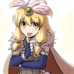 Rule 34 | 1girl, alchemist (ragnarok online), blonde hair, blue gloves, breasts, brown cape, brown dress, cape, commentary request, dress, elbow gloves, feather hair ornament, feathers, finger to own chin, fingerless gloves, fur collar, gloves, hair between eyes, hair ornament, long hair, looking at viewer, natsuya (kuttuki), open mouth, ragnarok online, sidelocks, simple background, small breasts, smile, solo, strapless, strapless dress, upper body, white background, yellow eyes