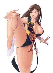 Rule 34 | 1girl, alternate costume, alternate hairstyle, black dress, black panties, bracelet, breasts, brown hair, capcom, china dress, chinese clothes, chun-li, cleavage, conto, dress, fighting stance, highres, jewelry, leg up, nail polish, panties, solo, spiked bracelet, spikes, street fighter, street fighter v, underwear