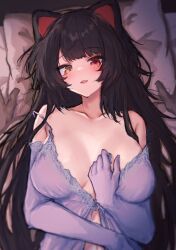 Rule 34 | 1girl, animal ears, bare shoulders, bed, black hair, blush, breasts, cleavage, collarbone, dog ears, dog girl, elbow gloves, gloves, heterochromia, highres, hitanu, inui toko, large breasts, lingerie, long hair, looking at viewer, lying, navel, nightgown, nijisanji, off shoulder, on back, on bed, open mouth, pillow, red eyes, smile, solo focus, strap slip, underwear, upper body, very long hair, virtual youtuber, yellow eyes
