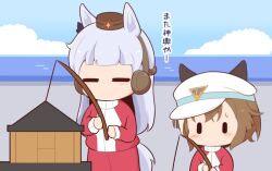 Rule 34 | 2girls, animal ears, blue sky, blush stickers, bow, brown hair, brown hat, cheval grand (umamusume), chibi, closed eyes, cloud, day, ear bow, ear covers, ears through headwear, fishing line, fishing rod, gold ship (umamusume), gomashio (goma feet), grey hair, hat, holding, holding fishing rod, horizon, horse ears, horse girl, horse tail, jacket, long hair, mini hat, multicolored hair, multiple girls, ocean, outdoors, pants, peaked cap, purple bow, red jacket, red pants, sky, standing, streaked hair, sweat, tail, track jacket, track pants, track suit, translation request, umamusume, very long hair, water, white hair, white hat, | |