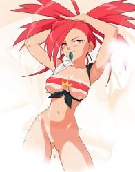 Rule 34 | 1girl, absurdres, adjusting hair, armpits, arms behind head, black shirt, blush, bottomless, breasts, censored, closed mouth, commentary, creatures (company), eyelashes, flannery (pokemon), game freak, gluteal fold, highres, large breasts, leaf, long hair, mouth hold, naughty face, navel, nintendo, novelty censor, pokemon, pokemon oras, red eyes, red hair, sexynomicon, shiny skin, shirt, shirt down, smile, solo, steam, tan, tanline, tied shirt, zoom layer