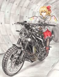 Rule 34 | artist name, black pantyhose, blonde hair, boots, brown gloves, colored pencil (medium), expressionless, flandre scarlet, gloves, hair ribbon, highres, hood, hood down, hoodie, husqvarna, husqvarna svartpilen 401, looking to the side, motor vehicle, motorcycle, no headwear, one side up, pantyhose, red eyes, red pond, red skirt, ribbon, short hair, signature, skirt, solo, touhou, traditional media, tunnel, white hoodie, wings