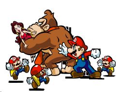 Rule 34 | 1girl, 2boys, absurdres, angry, blue eyes, brown hair, clothes, donkey kong, donkey kong (series), dress, facial hair, highres, mario, mario (series), mario vs. donkey kong: mini-land mayhem!, mini mario, multiple boys, mustache, necktie, nintendo, official art, original, outstretched hand, overalls, pauline (mario), simple background, suspenders, toy, white background