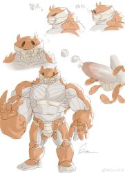 Rule 34 | 1boy, abs, absurdres, bara, blank eyes, collage, crab boy, cum, ejaculation, erection, expressions, flying sweatdrops, full body, goo (koushishikou11), highres, large hands, large pectorals, male focus, muscular, muscular male, nude, original, oversized limbs, pectorals, penis, short hair, standing, stomach, translation request