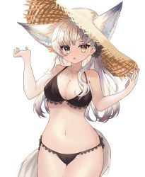 Rule 34 | 1girl, animal ears, bare arms, bare shoulders, bikini, black bikini, breasts, chinese commentary, cleavage, commentary request, cowboy shot, ears through headwear, fox ears, fox tail, grey eyes, groin, hands up, hat, heterochromia, highres, lace, lace-trimmed bikini, lace trim, large breasts, long hair, looking at viewer, navel, original, parted lips, silver hair, simple background, solo, standing, stomach, sun hat, swimsuit, tail, thighs, uuuu (xinguwu), white background, yellow eyes