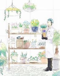 Rule 34 | 1boy, black gloves, black hair, black pants, blue hair, closed eyes, coat, cobblestone, commentary request, earrings, flower, full body, gloves, grin, highres, holding, holding plant, indoors, jade leech, jewelry, lab coat, looking at viewer, male focus, multicolored hair, pants, plant, potted plant, shelf, simple background, single earring, smile, solo, streaked hair, twisted wonderland, white background, white coat, yoi0763