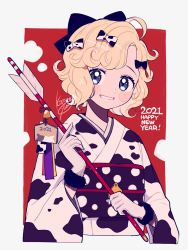 Rule 34 | 1girl, 2021, animal print, arrow (projectile), black bow, blonde hair, blue eyes, blush, bow, chinese zodiac, cow print, english text, gloves, hair bow, happy new year, highres, holding, holding arrow, japanese clothes, kimono, kisaragi yuu (fallen sky), long sleeves, looking at viewer, new year, obi, original, parted lips, print bow, print kimono, sash, short hair, signature, smile, solo, upper body, white gloves, year of the ox