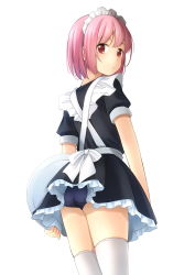Rule 34 | 1girl, apron, ass, black dress, blush, bob cut, commentary request, dress, frilled apron, frilled dress, frills, from behind, highres, holding, holding tray, looking at viewer, looking back, maid, maid apron, maid headdress, original, parted lips, pink hair, pleated dress, puffy short sleeves, puffy sleeves, red eyes, school swimsuit, shibacha, short sleeves, simple background, solo, swimsuit, swimsuit under clothes, thighhighs, tray, white apron, white background, white thighhighs