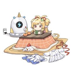 Rule 34 | 1girl, animal ears, bird, blonde hair, botamochi (exwelder), brown dress, chicken, clothes, cup, dress, electrical outlet, electrical outlet, food, fruit, granblue fantasy, holding, holding cup, jitome, joy (granblue fantasy), kotatsu, long hair, mahira (granblue fantasy), mandarin orange, red eyes, robot, rug, simple background, sitting, table, very long hair, white background, yunomi