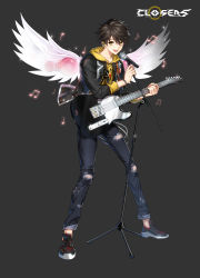 Rule 34 | 1boy, bass guitar, black hair, closers, full body, guitar, highres, instrument, microphone, musical note, official art, seha lee, solo, wings, yellow eyes