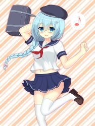Rule 34 | 1girl, :d, arm up, bag, beret, black hat, blue eyes, blue hair, blue sailor collar, blue skirt, blush, bow, braid, breasts, brown footwear, commentary request, diagonal stripes, eighth note, glasses, hair between eyes, hair bow, hat, highres, loafers, long hair, looking at viewer, medium breasts, midriff peek, musical note, navel, neckerchief, open mouth, pink-framed eyewear, pink bow, pleated skirt, red neckerchief, sailor collar, school bag, school uniform, serafuku, shoes, single braid, skirt, smile, solo, sound voltex, spoken musical note, striped, striped background, thighhighs, urarara (shlsz 22728), very long hair, white thighhighs