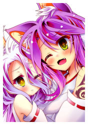 Rule 34 | 2girls, :3, animal ear fluff, animal ears, blue hair, blush, breasts, cat ears, closed mouth, commentary request, detached sleeves, fang, gradient hair, japanese clothes, jibril (no game no life), kemonomimi mode, large breasts, long hair, messy hair, miko, mimi0846, multicolored hair, multiple girls, no game no life, one eye closed, open mouth, purple hair, shiro (no game no life), smile, tattoo, very long hair, yellow eyes