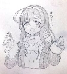 Rule 34 | 1girl, ahoge, alternate costume, blush, casual, commentary request, cropped torso, denim, denim jacket, drawstring, graphite (medium), greyscale, hairband, half-closed eyes, hands up, highres, hime cut, hood, hood down, hoodie, jacket, jacket over hoodie, long hair, long sleeves, looking at viewer, monochrome, open clothes, open jacket, pinching sleeves, print hoodie, simple background, smile, solo, text print, toriniku29, touhoku zunko, traditional media, translation request, upper body, voiceroid, w arms