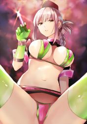 Rule 34 | 1girl, absurdres, bikini, braid, breasts, breasts apart, cleavage, covered erect nipples, derori, fate (series), florence nightingale (fate), florence nightingale (trick or treatment) (fate), gloves, green gloves, hat, highres, looking at viewer, official alternate costume, panties, pantyshot, pink eyes, pink hair, shrug (clothing), solo, spread legs, swimsuit, syringe, thighhighs, underwear