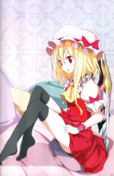 Rule 34 | 1girl, absurdres, bed, blonde hair, duplicate, feet, female focus, flandre scarlet, hat, highres, oouso, open mouth, red eyes, side ponytail, sitting, solo, thighhighs, tiptoes, touhou, wings