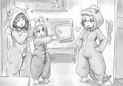 Rule 34 | &gt;:d, 10s, 3girls, :d, anglerfish costume, animal costume, barefoot, bear costume, boko (girls und panzer), breath, chair, clapping, cosplay, girls und panzer, girls und panzer phase erika, greyscale, hands on own hips, highres, indoors, itsumi erika, kigurumi, looking at another, monochrome, multiple girls, nishizumi miho, okitsugu, open mouth, outstretched arms, own hands together, shimada arisu, smile, standing, stuffed animal, stuffed toy, teddy bear, tiptoes, v-shaped eyebrows
