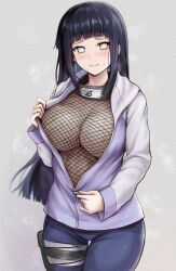 Rule 34 | 1girl, areola slip, bandaged leg, bandages, black hair, blue pants, blunt bangs, blush, breasts, closed mouth, commentary request, fishnet top, fishnets, forehead protector, headband around neck, highres, hime cut, holster, hyuuga hinata, jacket, konohagakure symbol, large breasts, naruto (series), naruto shippuuden, open clothes, open jacket, pants, purple jacket, r-binon, raised eyebrows, solo, straight hair, sweatdrop, thigh holster, unzipping, wavy mouth, white eyes, zipper, zipper pull tab