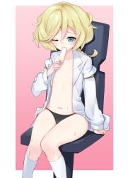 Rule 34 | 1girl, bad id, bad pixiv id, black panties, blonde hair, chair, commentary request, eating, elfnein, flat chest, food, green eyes, holding, holding food, kneehighs, long sleeves, messy hair, mouth hold, navel, office chair, one eye closed, open clothes, open shirt, panties, popsicle, senki zesshou symphogear, shirt, short hair, sleeve garter, socks, solo, standing, sweat, swivel chair, underwear, white shirt, white socks, yoi naosuke