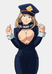 Rule 34 | 10s, 1girl, black bodysuit, blonde hair, bodysuit, boku no hero academia, breasts, breasts out, brown eyes, brown hair, catsuit, center opening, cleavage, cowboy shot, hands up, hat, highres, large breasts, legs together, long hair, looking at viewer, nipples, no bra, open clothes, peaked cap, simple background, skin tight, smile, solo, suoiresnu, teeth, unzipped, utsushimi kemii, zipper