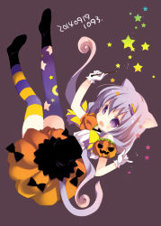 Rule 34 | 1girl, :d, \m/, animal ears, asymmetrical legwear, cat ears, cat tail, dated, detached sleeves, gloves, hair ornament, hairclip, holding, long hair, looking at viewer, mismatched legwear, open mouth, original, purple eyes, purple hair, smile, solo, tail, thighhighs, tokumi yuiko, uneven legwear, wand, white gloves, zettai ryouiki