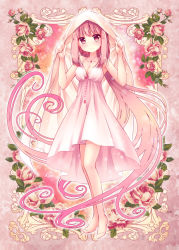 Rule 34 | 1girl, alternate costume, bare arms, bare legs, barefoot, beige background, blanket, blunt bangs, breasts, cleavage, closed mouth, collarbone, contrapposto, dot nose, dress, floating hair, floral background, flower, full body, gradient hair, hands up, happy, jewelry, leaf, lens flare, light blush, light smile, long hair, looking at viewer, magia record: mahou shoujo madoka magica gaiden, mahou shoujo madoka magica, multicolored hair, necklace, orange hair, pink eyes, pink flower, pink hair, pink rose, pink theme, rose, short dress, sidelocks, sleeveless, sleeveless dress, small breasts, solo, soul gem, standing, tamaki iroha, under covers, usaba (usabara c), very long hair