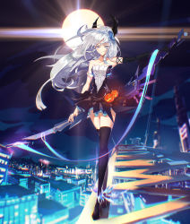 Rule 34 | 1girl, absurdres, bad id, bad pixiv id, bare shoulders, black thighhighs, blue eyes, blurry, blurry background, building, cityscape, collarbone, colored eyelashes, commentary request, dress, highres, holding, holding weapon, horns, jack-o&#039;-lantern, long hair, night, night sky, original, short dress, silver hair, sky, solo, sword, thighhighs, weapon, yushe quetzalli