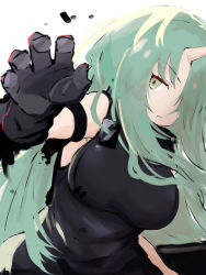 Rule 34 | 1girl, arknights, asususususu, black gloves, black shirt, breasts, closed mouth, gloves, green eyes, green hair, hair over one eye, highres, horns, hoshiguma (arknights), long hair, looking at viewer, shirt, simple background, single horn, sleeveless, solo, white background