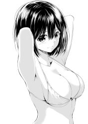 Rule 34 | 1girl, armpits, arms behind head, arms up, attsun (atsushi jb), bare shoulders, bikini, black hair, blush, breasts, cleavage, closed mouth, collarbone, greyscale, hair between eyes, large breasts, long hair, looking at viewer, monochrome, monogatari (series), original, simple background, smile, solo, strap gap, swimsuit, underboob, upper body, white background