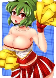 Rule 34 | 1girl, bad id, bad pixiv id, bare shoulders, blush, breasts, cheerleader, choker, cleavage, female focus, gloves, green hair, kazami yuuka, large breasts, midriff, miniskirt, open mouth, pom pom (cheerleading), red eyes, short hair, skirt, solo, strapless, sweat, touhou, tube top, unadare