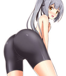 Rule 34 | 10s, 1girl, aikawa ryou, ass, bike shorts, black ribbon, blush, brown eyes, cameltoe, commentary, embarrassed, from below, full-face blush, grey hair, hair ribbon, kantai collection, kasumi (kancolle), kasumi kai ni (kancolle), legs apart, long hair, looking at viewer, looking back, open mouth, ribbon, shiny clothes, shiny skin, side ponytail, simple background, solo, thighs, topless, white background