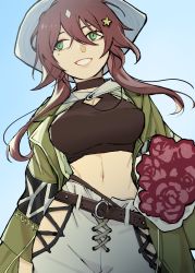 Rule 34 | 1girl, arknights, bad id, bad pixiv id, black shirt, blue background, breasts, brown hair, coat, cowboy shot, crop top, fedora, green coat, green eyes, grin, hair between eyes, hair ornament, hat, highres, hip vent, large breasts, meteor (arknights), meteor (bard&#039;s holiday) (arknights), midriff, mole, mole under eye, navel, official alternate costume, open clothes, open coat, pants, shirt, simple background, smile, solo, standing, star (symbol), star hair ornament, stomach, white pants, yoshiga