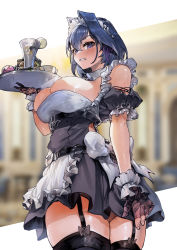 Rule 34 | 1girl, absurdres, alternate costume, apron, black dress, blue eyes, blue hair, breasts, cleavage, cup, dress, drinking glass, enmaided, frills, hair intakes, highres, holding, holding tray, hololive, hololive english, large breasts, maid, maid apron, maid headdress, medium hair, ouro kronii, short hair, short sleeves, solo, thighhighs, thighs, tray, virtual youtuber, vyragami, white apron