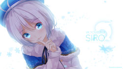 Rule 34 | .live, 1girl, antenna hair, artist name, beret, blue capelet, blue eyes, blue hat, blush, capelet, character name, chinomaron, coat, dennou shoujo siro, fur-trimmed capelet, fur trim, hair between eyes, hair ornament, hand up, hat, head tilt, highres, index finger raised, long sleeves, looking at viewer, parted lips, silver hair, smile, snowflake background, solo, virtual youtuber, white coat, x hair ornament