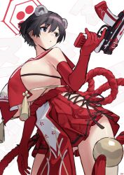 Rule 34 | 1girl, absurdres, animal ears, black eyes, black hair, blue archive, blush, breasts, commentary, crop top, crop top overhang, dress, elbow gloves, gloves, gluteal fold, gun, hair between eyes, halo, highres, hip vent, holding, holding gun, holding weapon, large breasts, looking back, miniskirt, open mouth, raccoon ears, red dress, red gloves, red sailor collar, red skirt, sailor collar, short hair, sideboob, sideless outfit, simple background, skirt, skorpion vz. 61, solo, songchuan li, submachine gun, symbol-only commentary, tassel, thighs, trigger discipline, tsubaki (blue archive), underboob, weapon