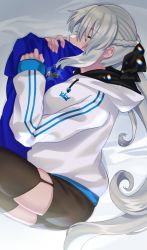 Rule 34 | 1girl, akio (akio1124), arts shirt, black bow, blue shirt, bow, braid, clothes writing, fate/grand order, fate (series), french braid, highres, hood, hooded track jacket, jacket, long sleeves, morgan le fay (fate), platinum blonde hair, ponytail, shirt, sleeping, solo, symbol-only commentary, t-shirt, thighhighs, track jacket, zipper